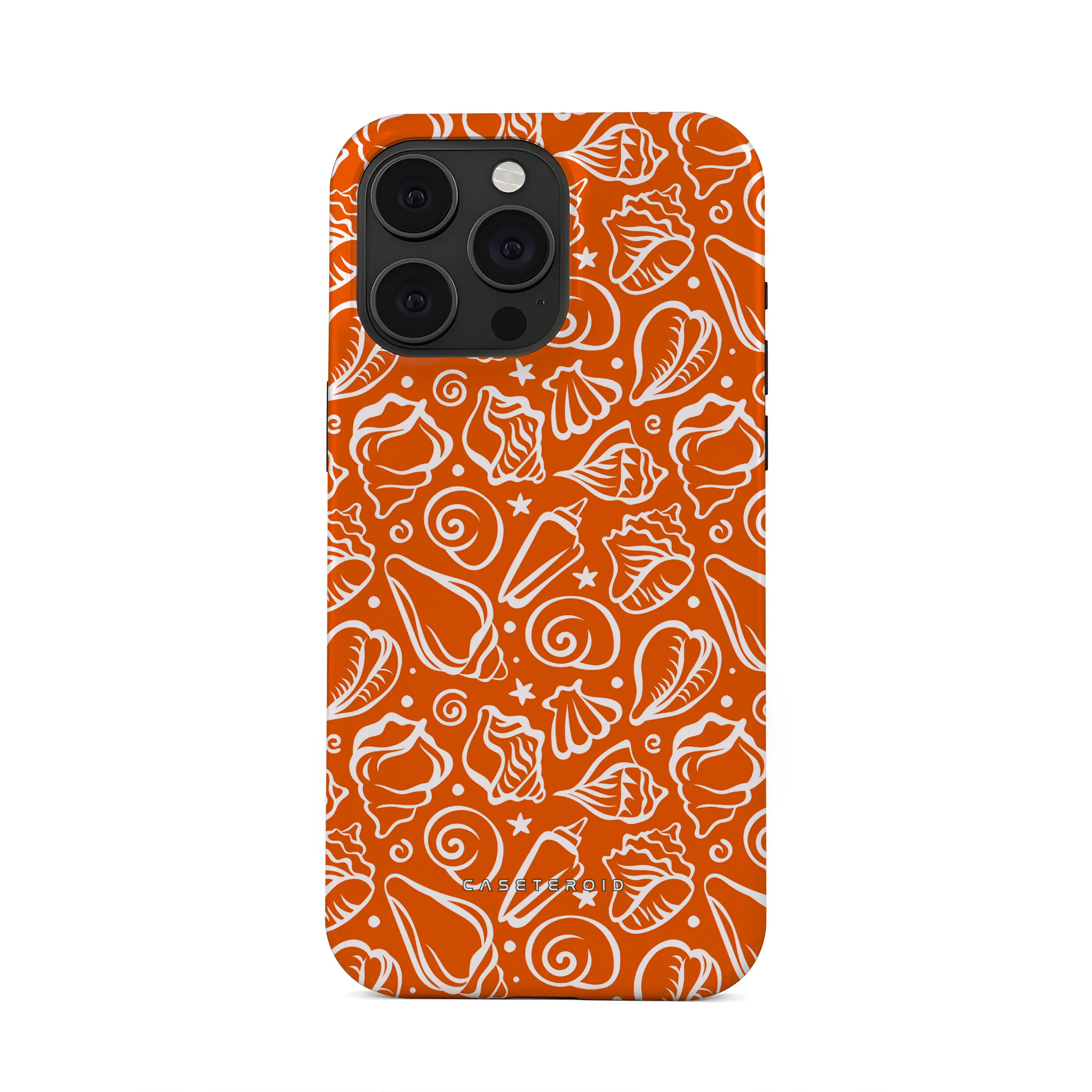 Phone case with white shell pattern on an orange background