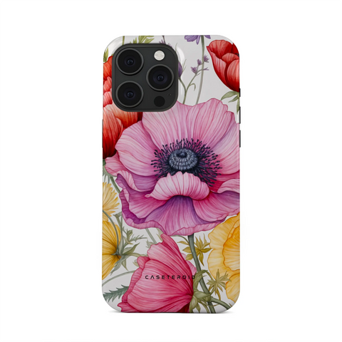Phone case with floral design featuring pink and red flowers on a white background