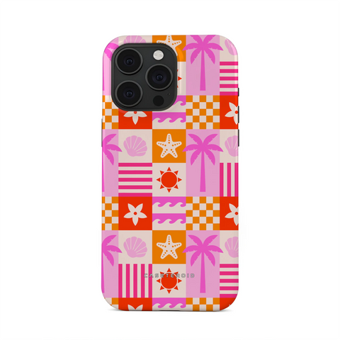 Phone case with colorful geometric pattern on a white background