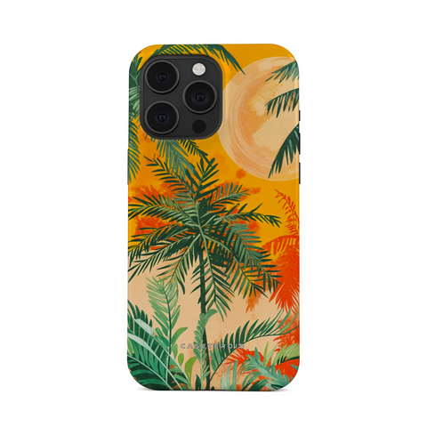 Phone case with tropical leaf design on a white background
