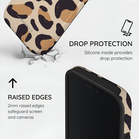 Phone case with leopard print design, drop protection features, and raised edges on a white background.