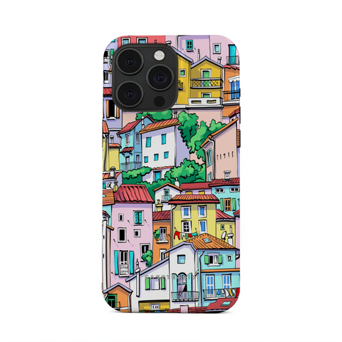 Phone case with colorful village design on a white background
