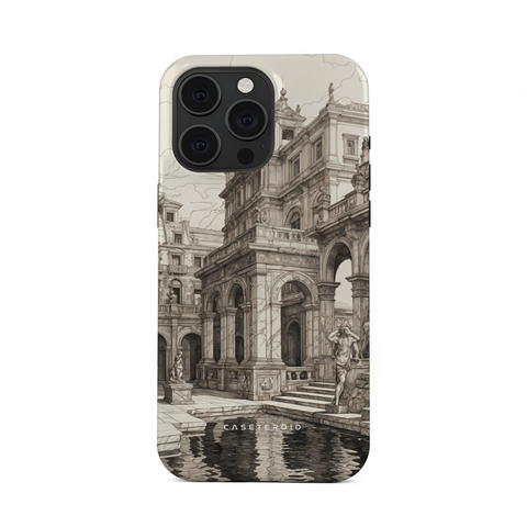 Phone case with classical architecture design on a white background