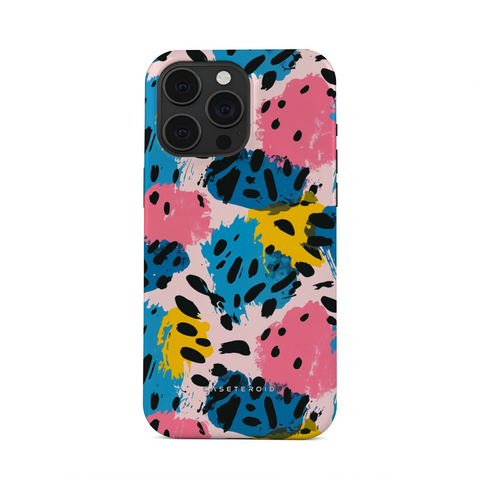 Phone case with colorful abstract pattern on a white background